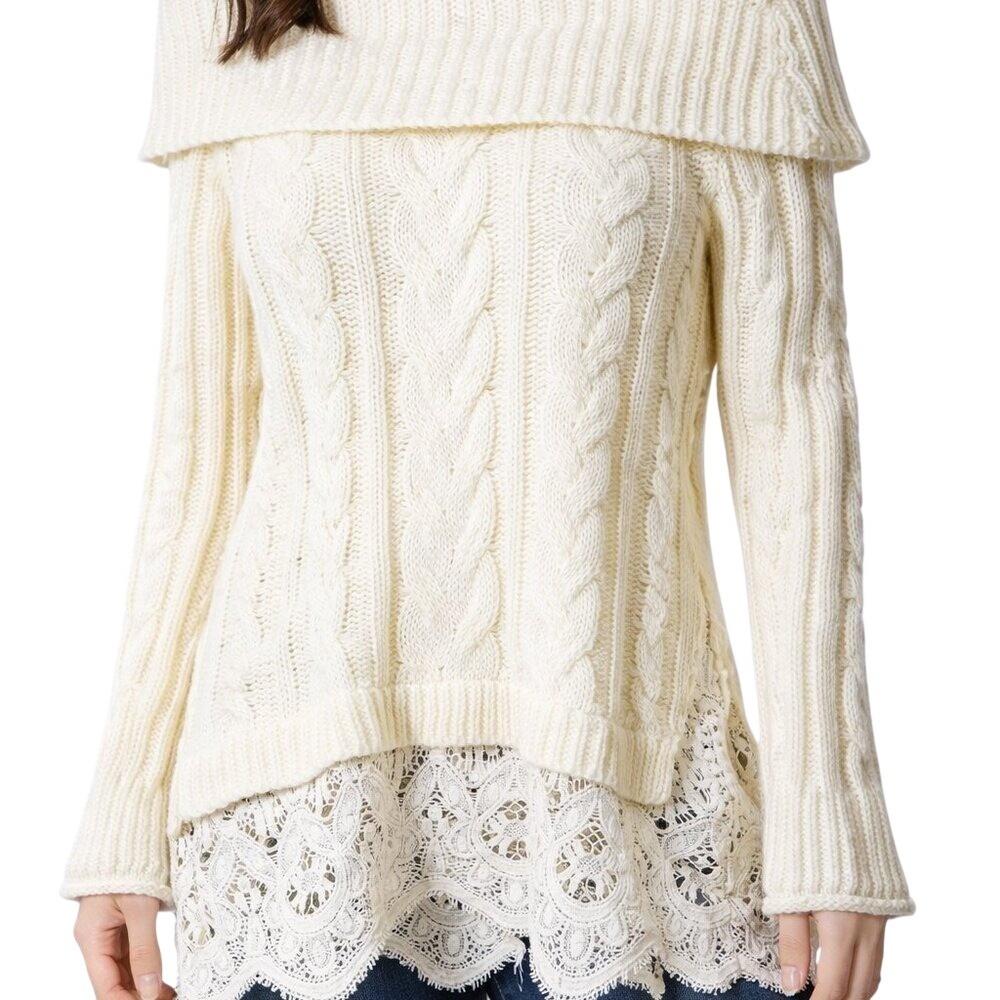Knox Rose Cable Knit Sweater Womens S Ivory Lace Hem‎ Off Shoulder Pullover